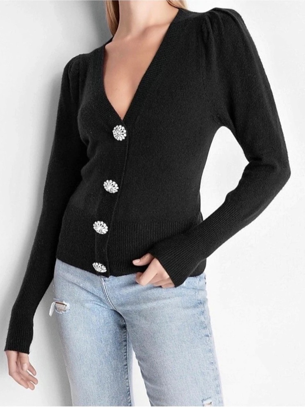 EXPRESS 🖤 Rhinestone Button Puff Sleeve Pullover Sweater - Picture 2 of 3
